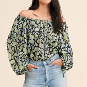 Free People Sundown Paisley Blouson Sleeve Bodysuit Women Blue Green Pink Small